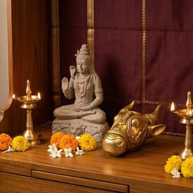 Ambi Pure Brass Nandikeshvara / Nandideva Face Sculpture (Antique Gold Finish)