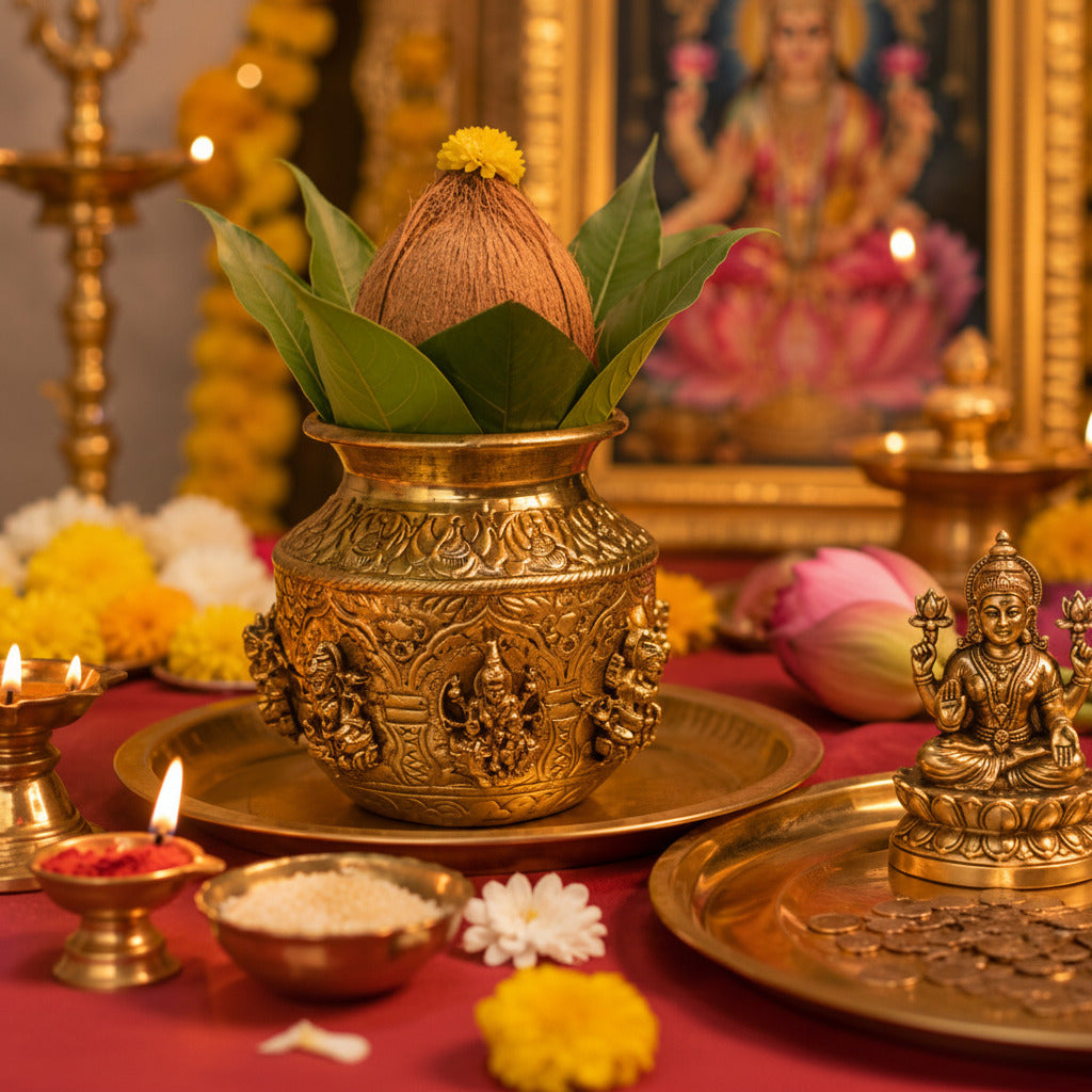 AMBI Pure Brass Lakshmi Pooja Kalash | Lakshmi Embossed Kalash
