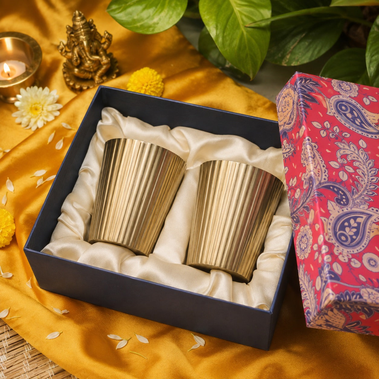 Ambi Home 100% Pure Lead-Free Brass Glass Gift Set of 2 | Handcrafted Brass Tumbler Gift Box
