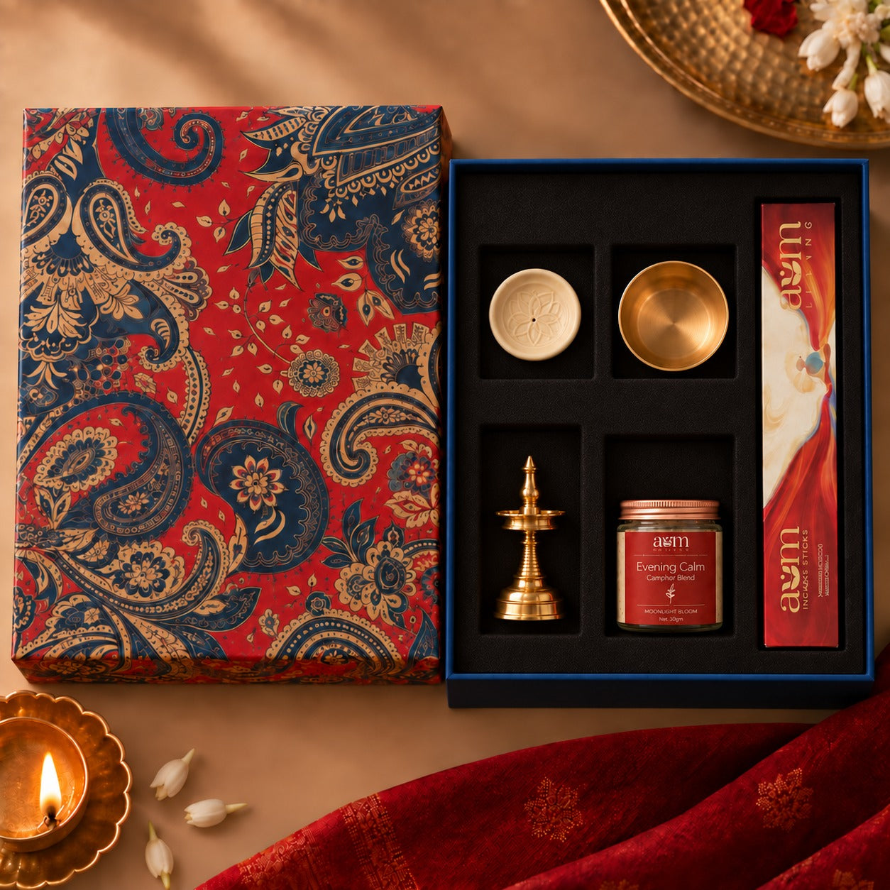 Ambi Premium Pooja Gift Box with Brass Diya, Kansa Katori, Incense Holder, Camphor Blend and Incense Sticks | Set of 5