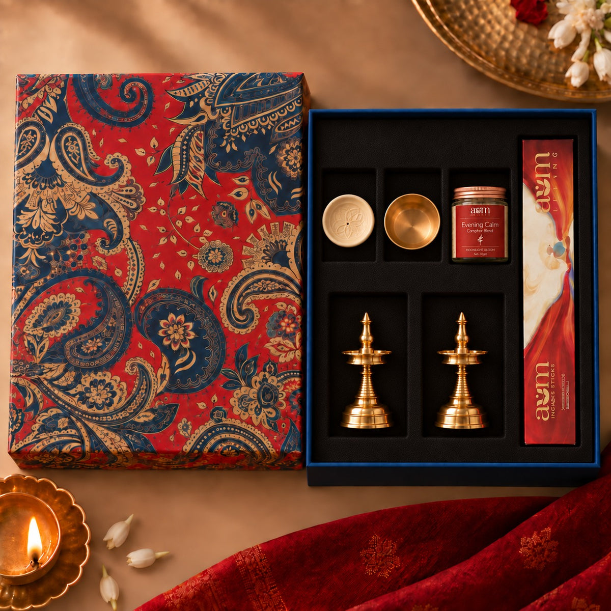 Ambi Premium Pooja Gift Box with 2 Brass Diyas, Kansa Katori, Incense Holder, Camphor Blend and Incense Sticks | Set of 6