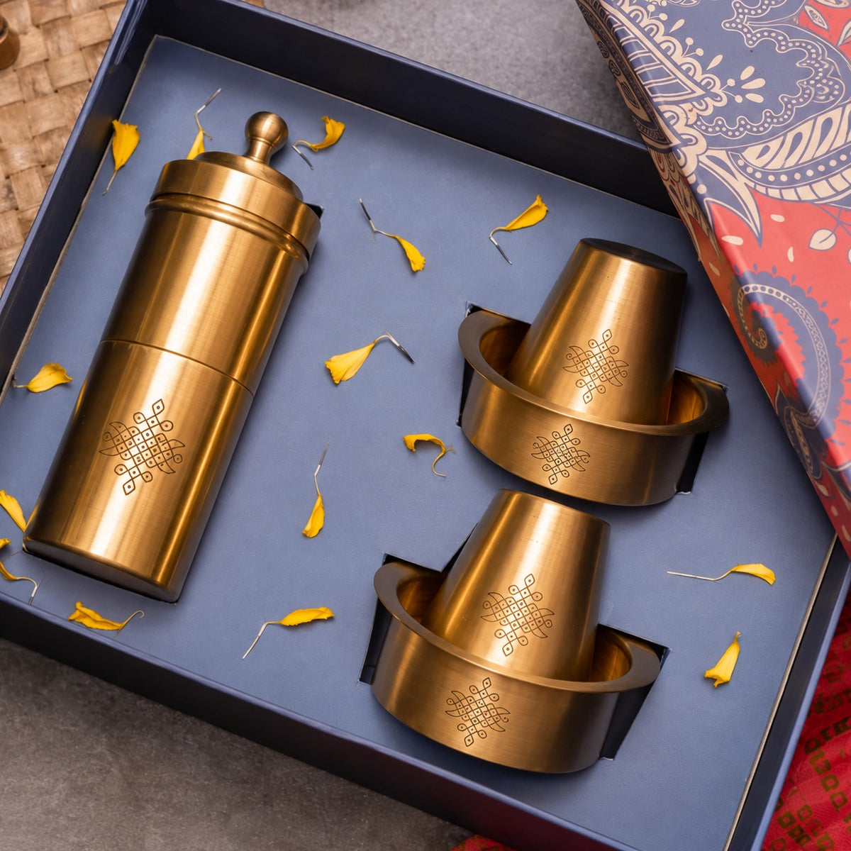 Ambi Pure Brass Coffee Filter and Dabara Set Gift Box with Sikku Kolam Etching | South Indian Filter Coffee Set for 2