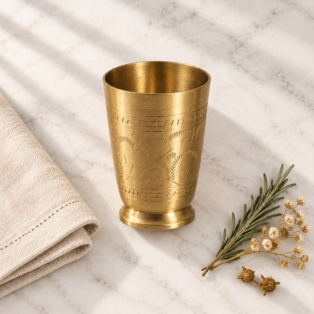 Ambi Home Handcrafted Traditional KansaTumbler / Drinking Glass with Floral Etched Design | Silver Finish |
