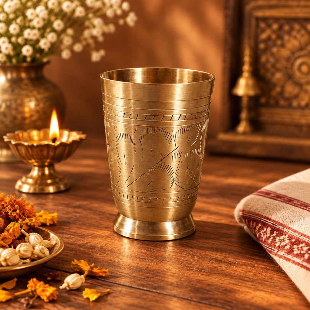 Ambi Home Handcrafted Traditional KansaTumbler / Drinking Glass with Floral Etched Design | Silver Finish |