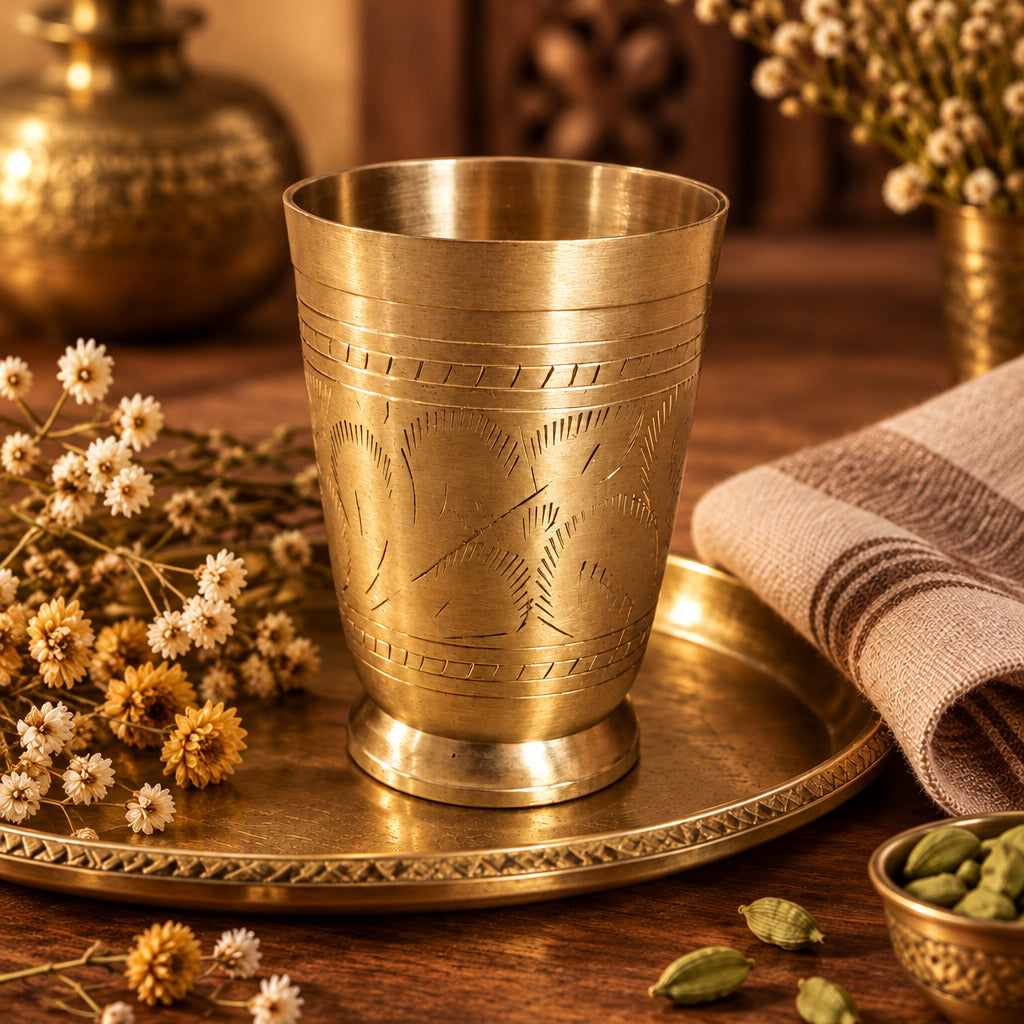 Ambi Home Handcrafted Traditional KansaTumbler / Drinking Glass with Floral Etched Design | Silver Finish |