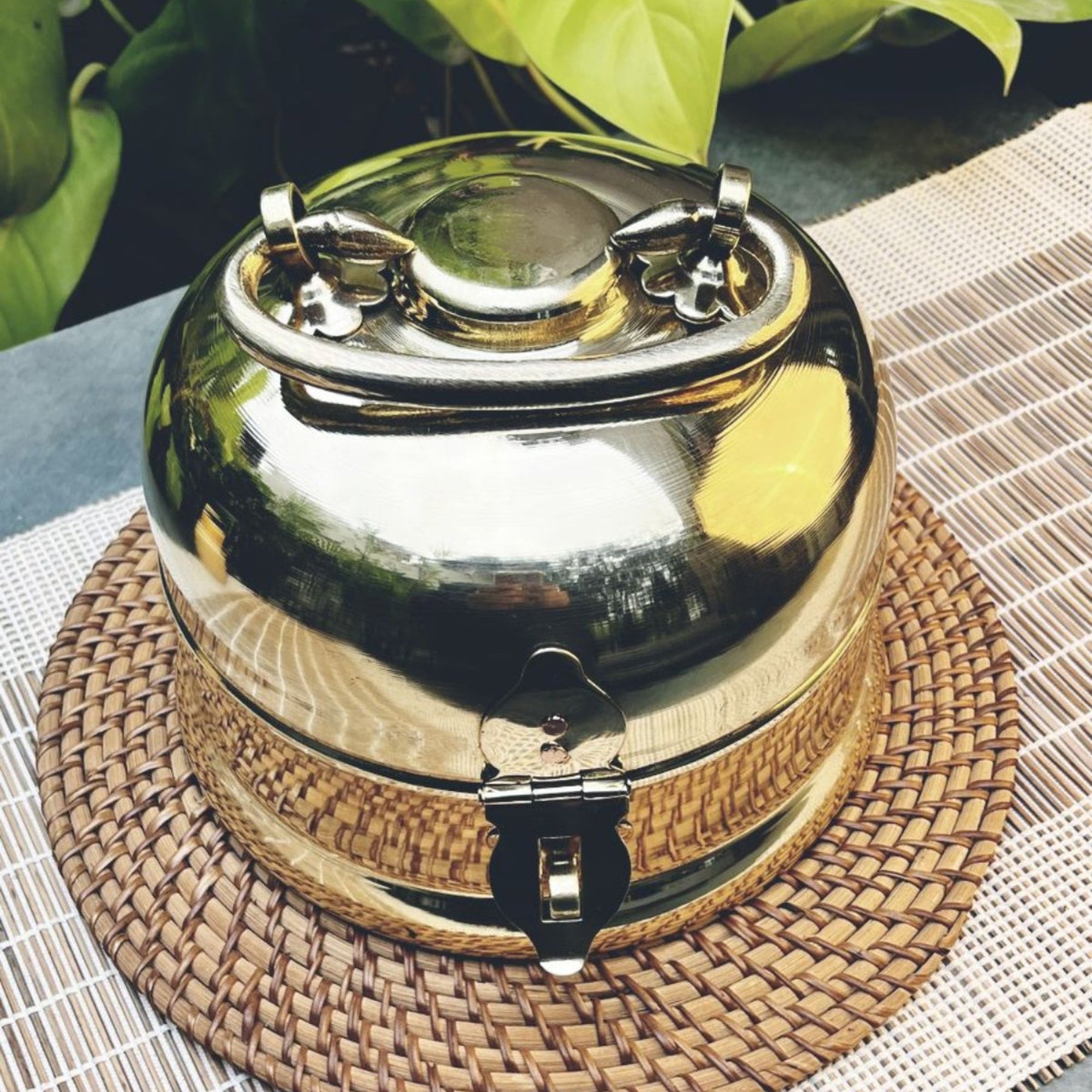 Ambi Traditional Heavy Brass Storage Box / Roti Box with Ornamental Handle – Large Size