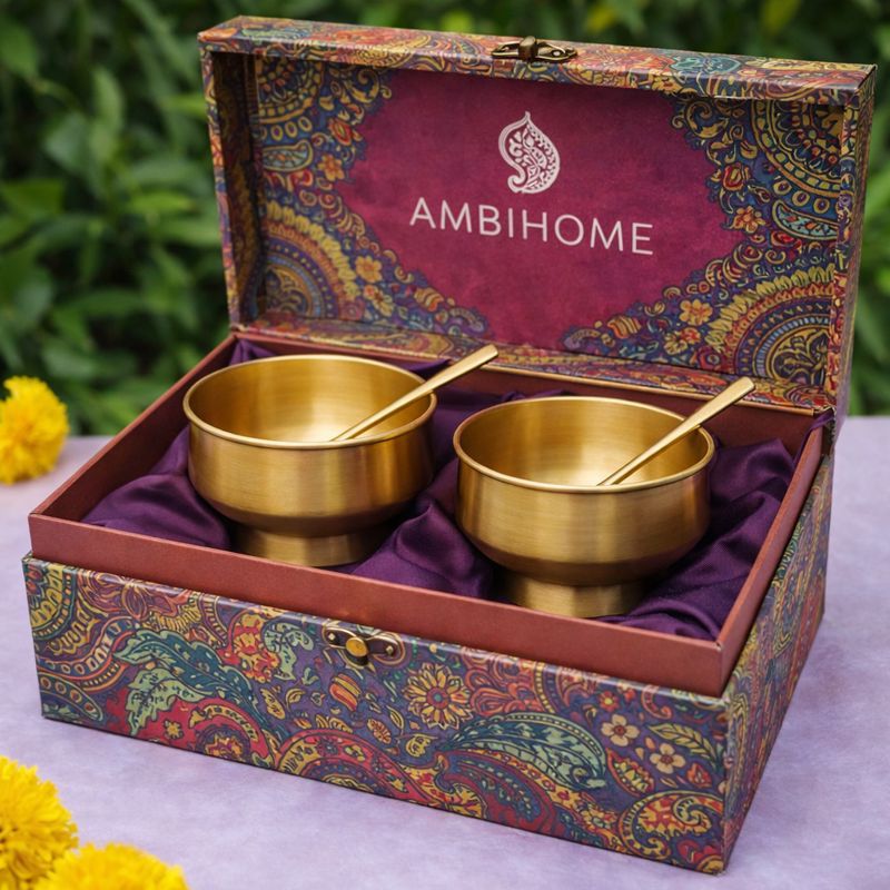Ambi Gift Box Pure Brass Dessert/ Icecream Bowl (with spoon)  - Set of 2