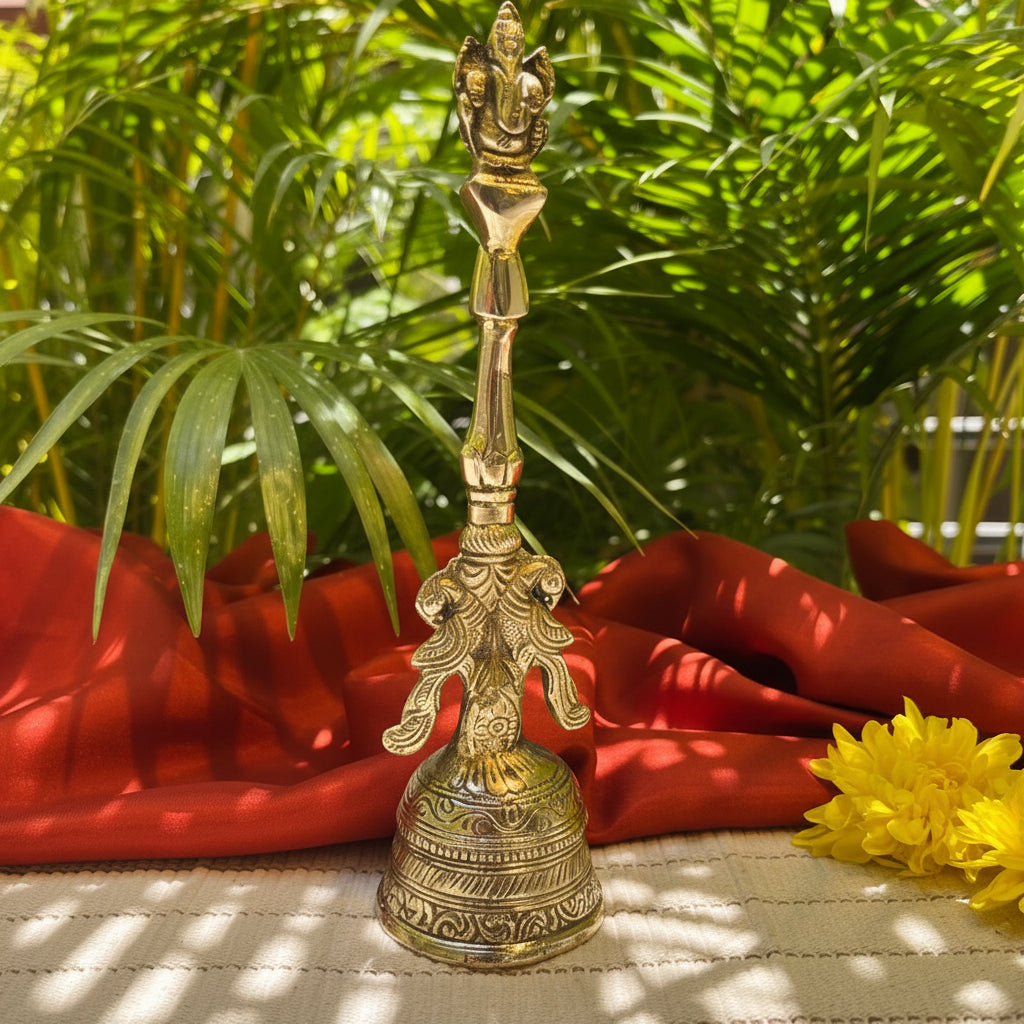 Ambi Pure Brass Handheld Pooja Bell with Lord Ganesh – Intricately Crafted Hand Bell for Aarti & Prayer - 8 Inch Height