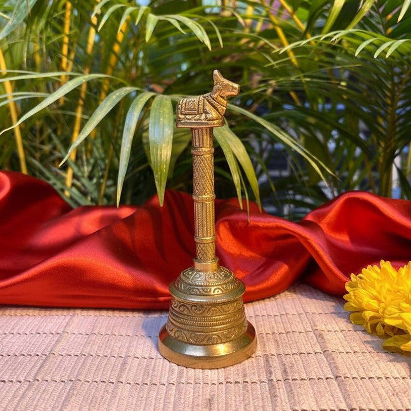 Ambi Pure Brass Nandi Hand Bell for Pooja & Aarti - 5.5 Inch Height