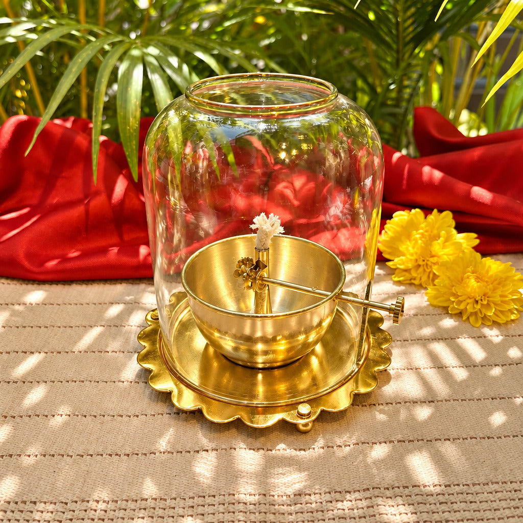 Ambi Silver-Plated Brass Akhand Jyot Diya with Protective Shield | 301g