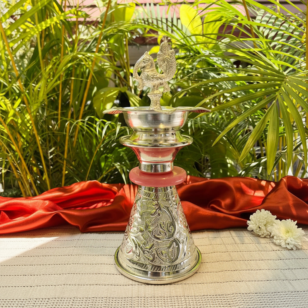 Ambi Silver-Plated Brass Peacock Oil Lamp – Decorative Pooja Diya | 400g