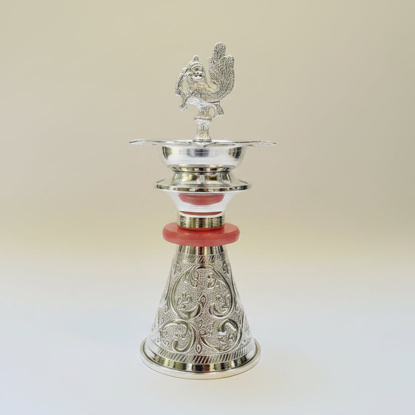 Ambi Silver-Plated Brass Peacock Oil Lamp – Decorative Pooja Diya | 400g