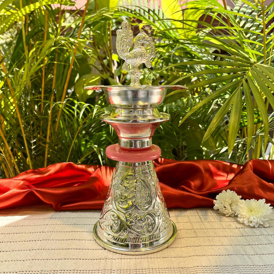 Ambi Silver-Plated Brass Peacock Oil Lamp – Decorative Pooja Diya | 400g