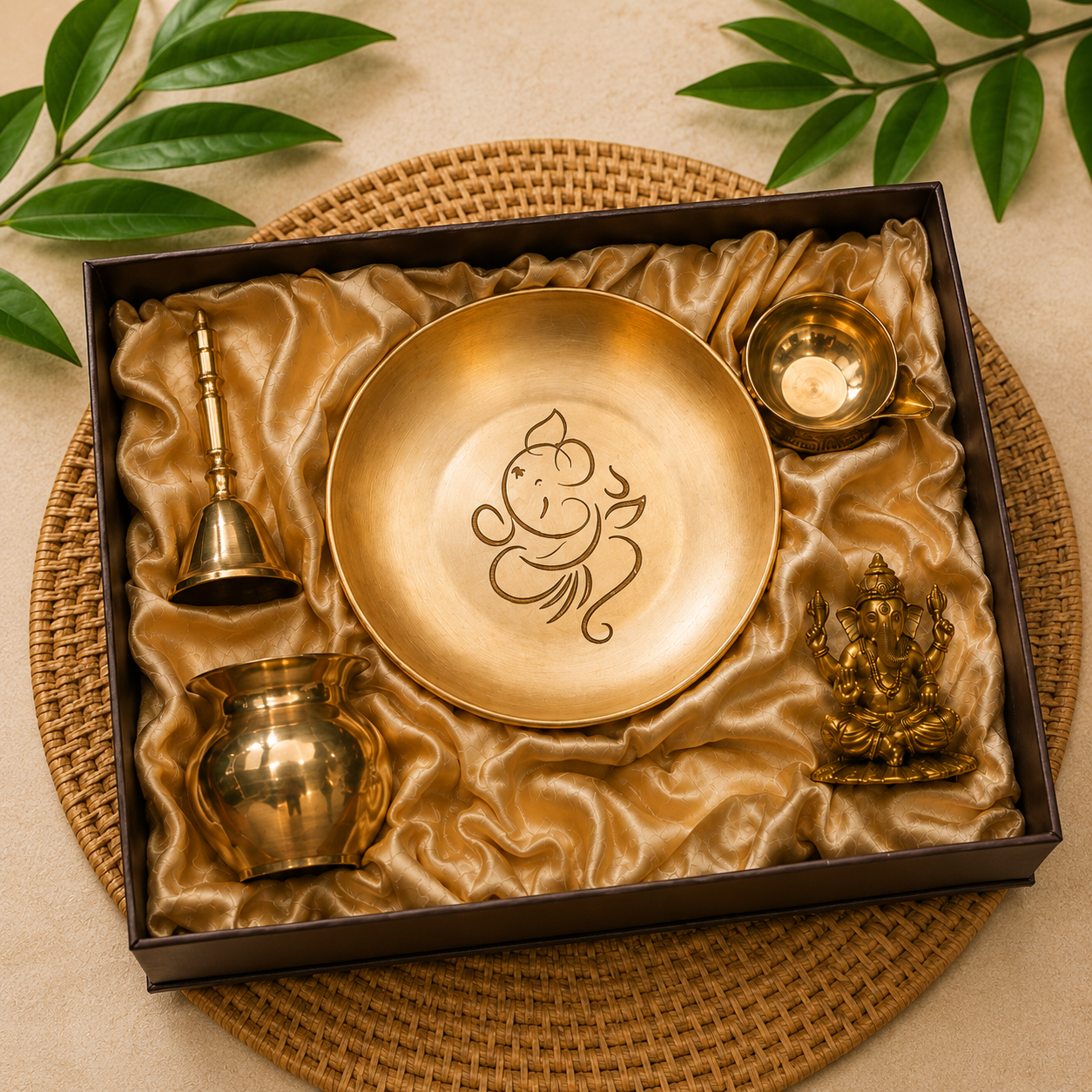 A brass Ganesha-themed gift set displayed inside a black box lined with gold satin. The set includes a large plate engraved with Ganesha, a small brass bell, a brass pot, and a brass idol, arranged on a woven mat with decorative green leaves.