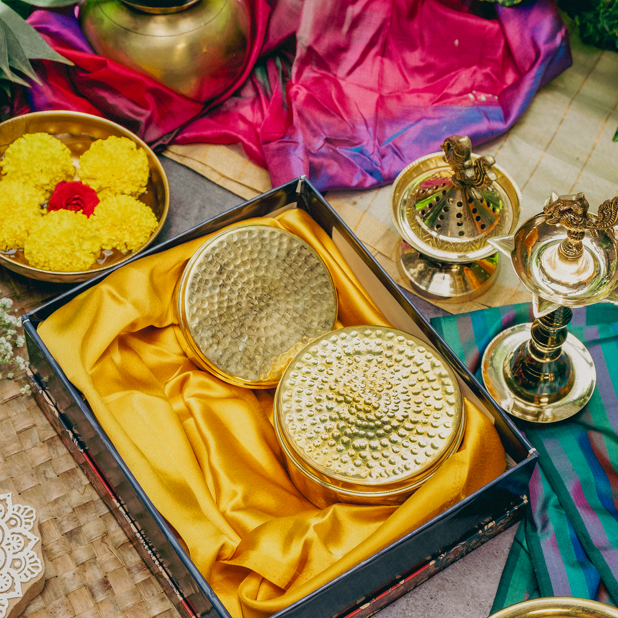 Ambi Gift of Royalty : 2 Pure Brass Hammered Storage Box with Cashew and Badam