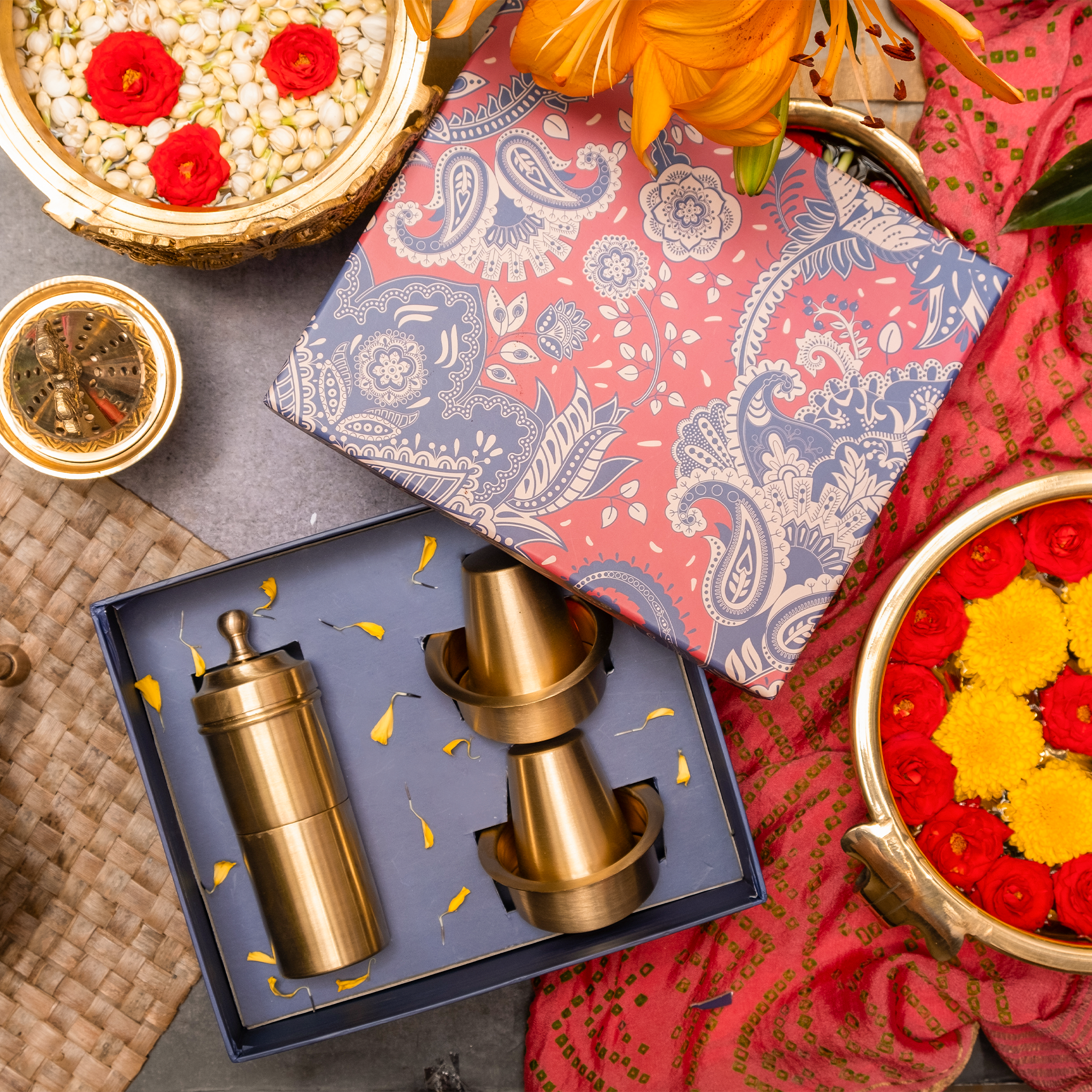 Ambi Gift of Aroma : Pure Brass Coffee Filter and 2 Dabara Cup Set in a Gift Box