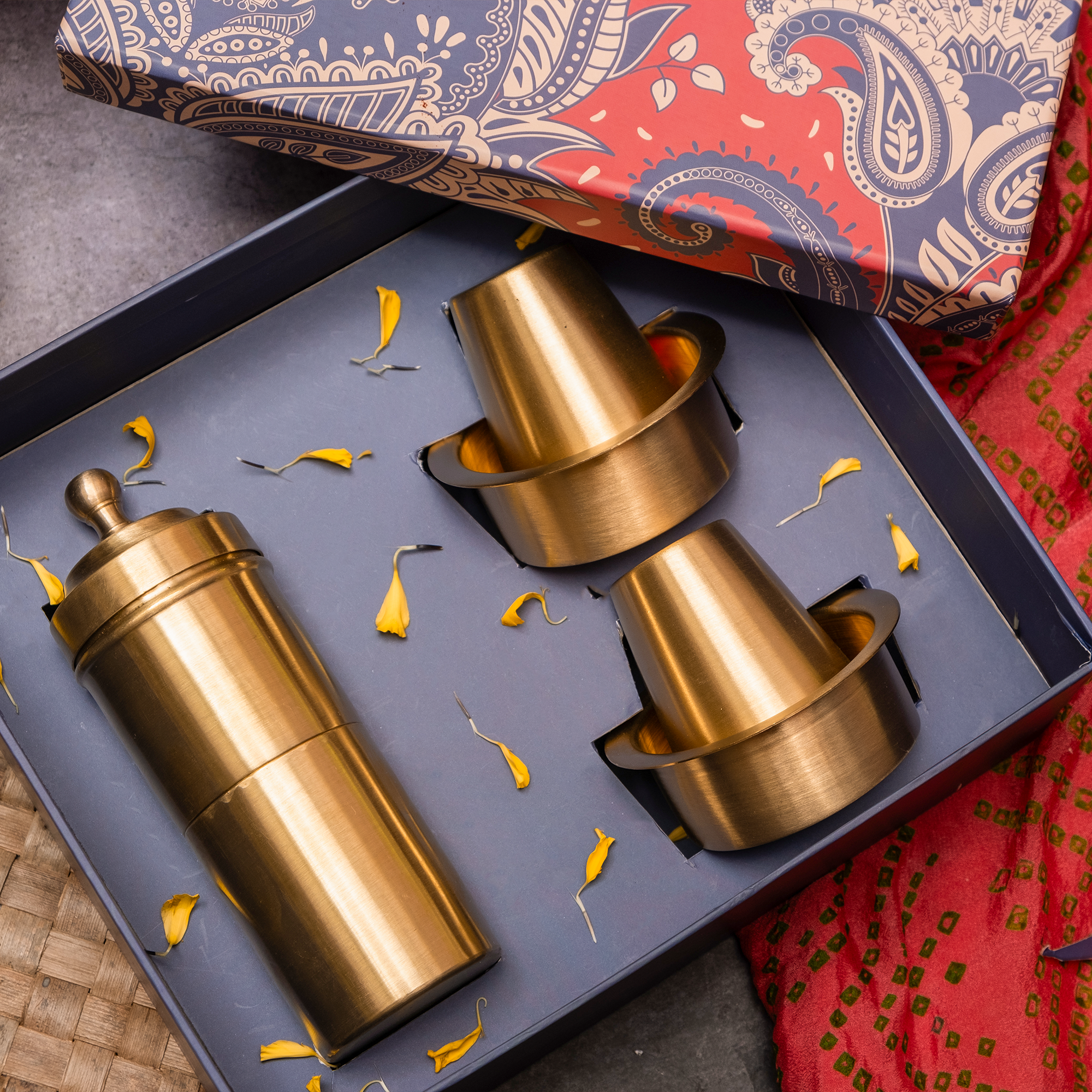 Ambi Gift of Aroma : Pure Brass Coffee Filter and 2 Dabara Cup Set in a Gift Box