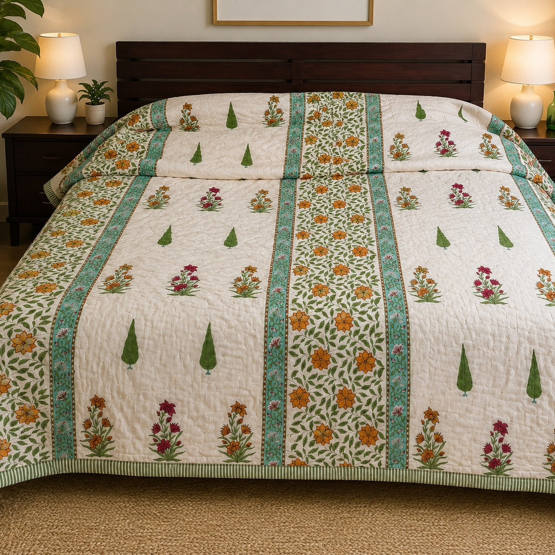 Diwali 2026 Collection - Reversible Green Cypress Heavy Hand Block Printed Jaipuri Rajai /  Quilt- Double - 90X108 Inches