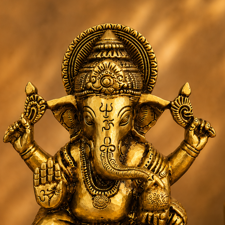A golden brass Lord Ganesha statue seated on an ornate matching base, styled on a tabletop with a lit brass lamp on the left and flowers in a brass pot on the right.