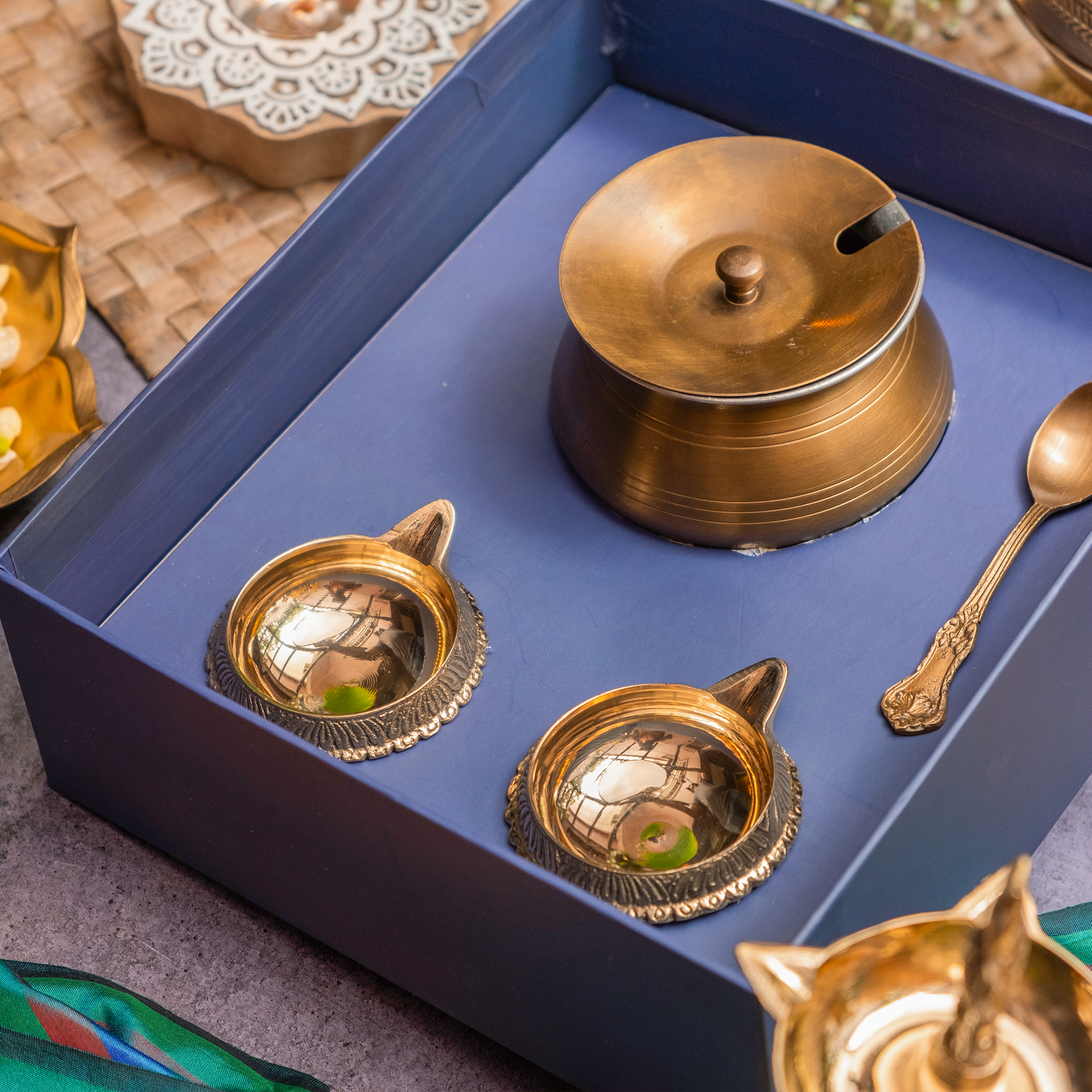 Ambi Gift of Purity : 1 Pure Brass Ghee Pot and 2 Pure Brass Diyas in a Gift Box