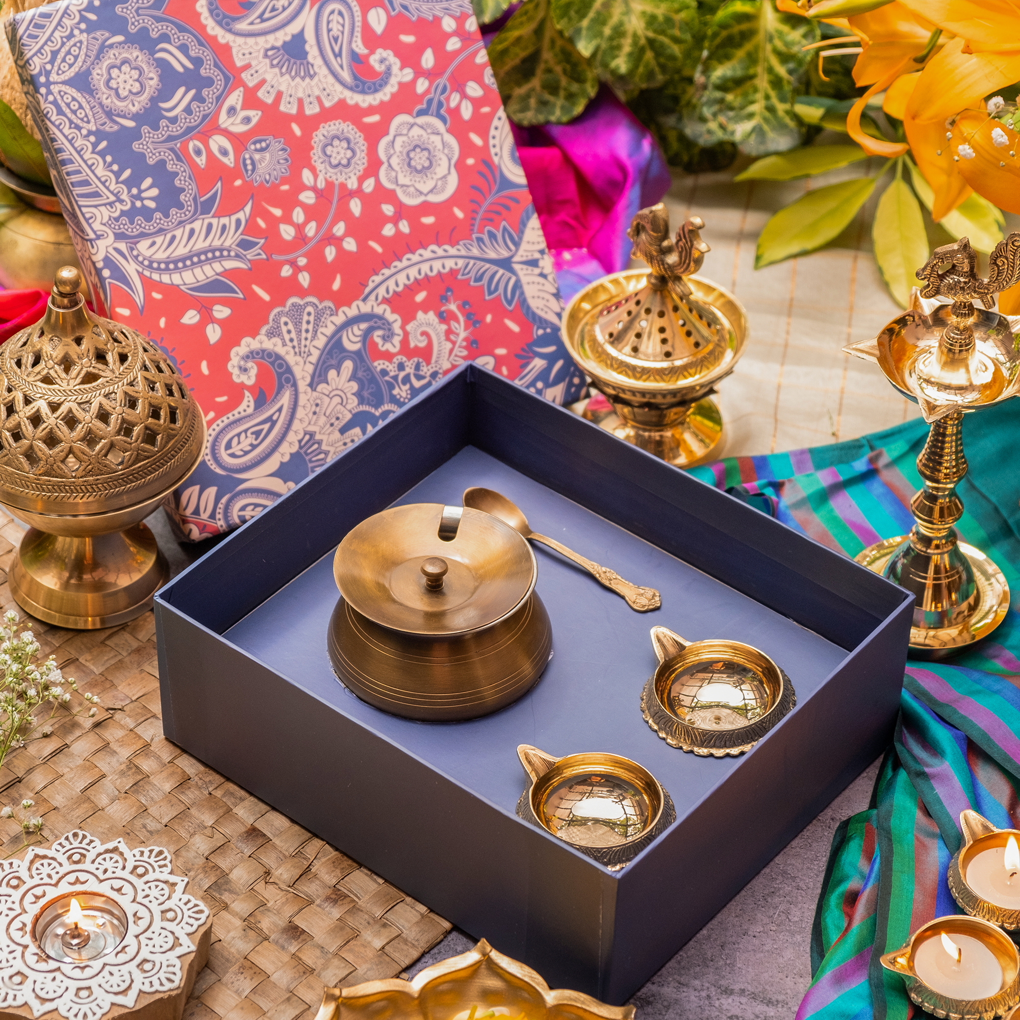 Ambi Gift of Purity : 1 Pure Brass Ghee Pot and 2 Pure Brass Diyas in a Gift Box