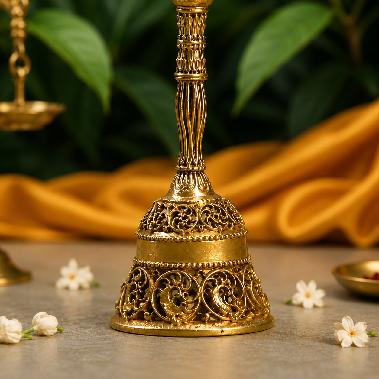 An ornate gold-toned metal bell with intricate filigree cutouts, standing on a tabletop with small white flowers around it. The background features draped golden fabric and blurred green leaves.