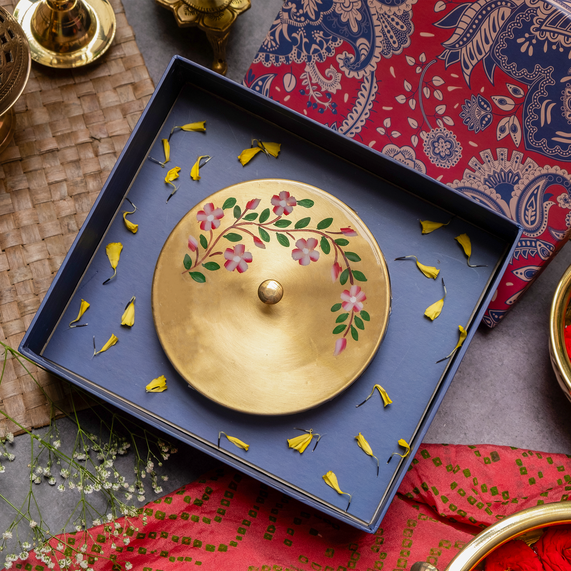 Ambi Gift of Sweetness : 1 Pure Brass Floral Hand-Painted Ladoo Box with Sweets 400g