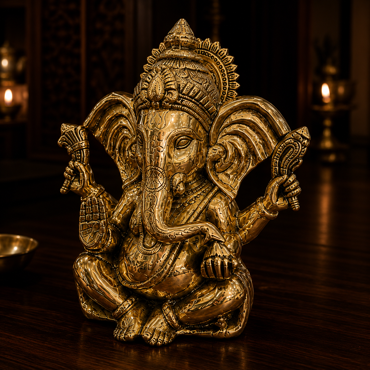 A golden brass Ganesha statue seated on a dark wooden table, with warm candlelight glowing in the background.