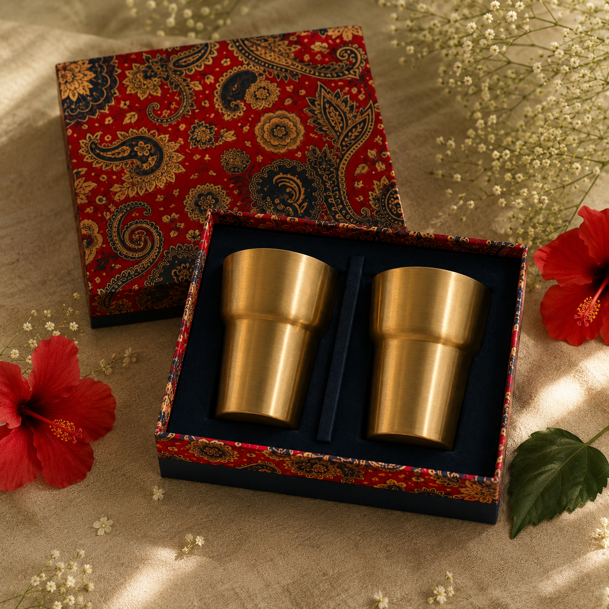 Two gold-toned metal cups presented in an open decorative box with a red paisley patterned lid, styled on a beige fabric surface with red flowers and small white blossoms.
