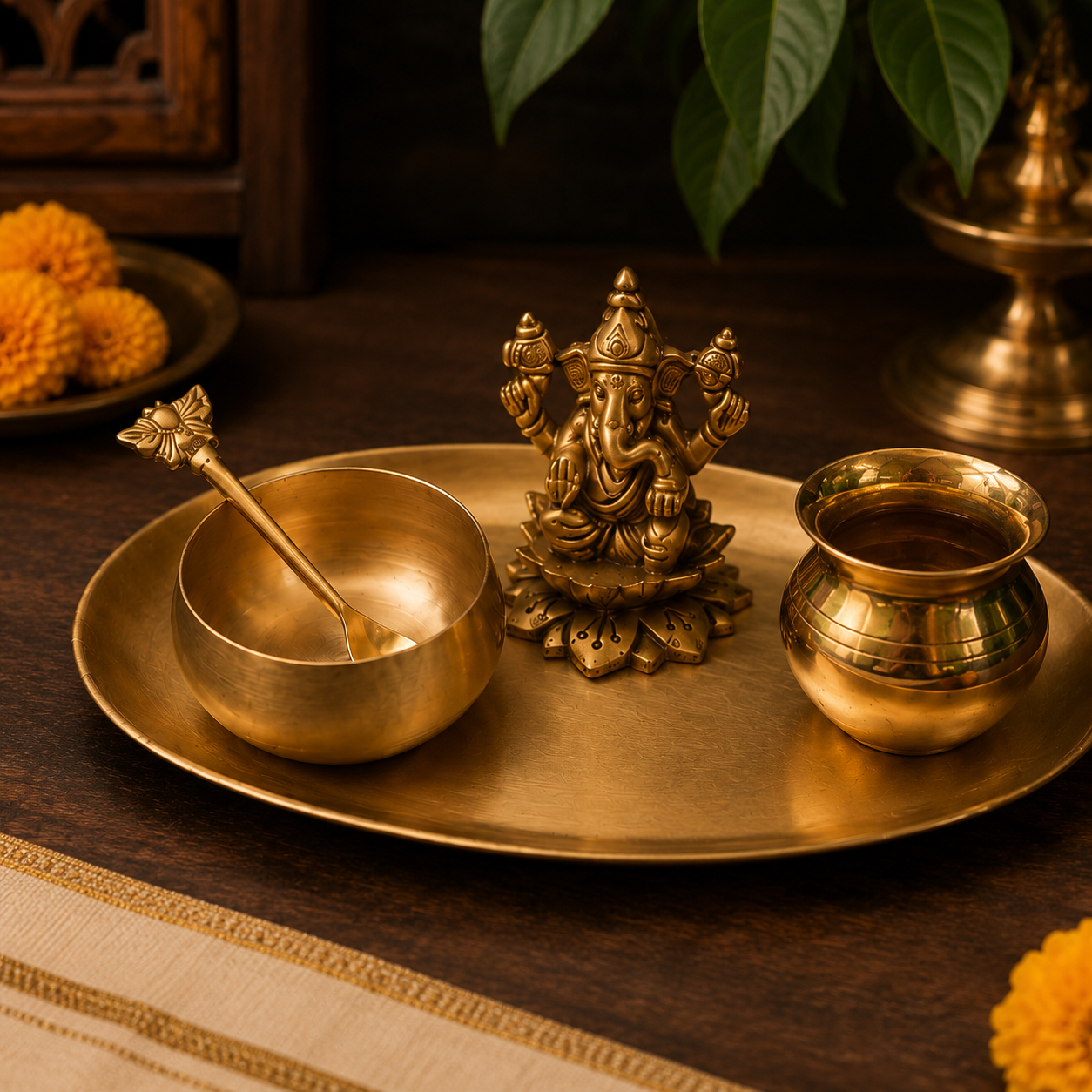 A brass Ganesha idol sits on a matching brass tray, flanked by a small brass bowl with a spoon and a small brass pot, set on a dark wooden table with marigolds and green leaves in the background.