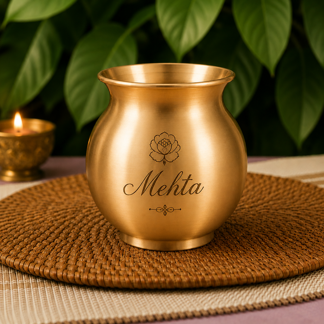A metallic gold urn-shaped candle holder engraved with a rose and the name 'Mehta', resting on a woven brown placemat with a blurred green plant background and a small lit candle in the distance.