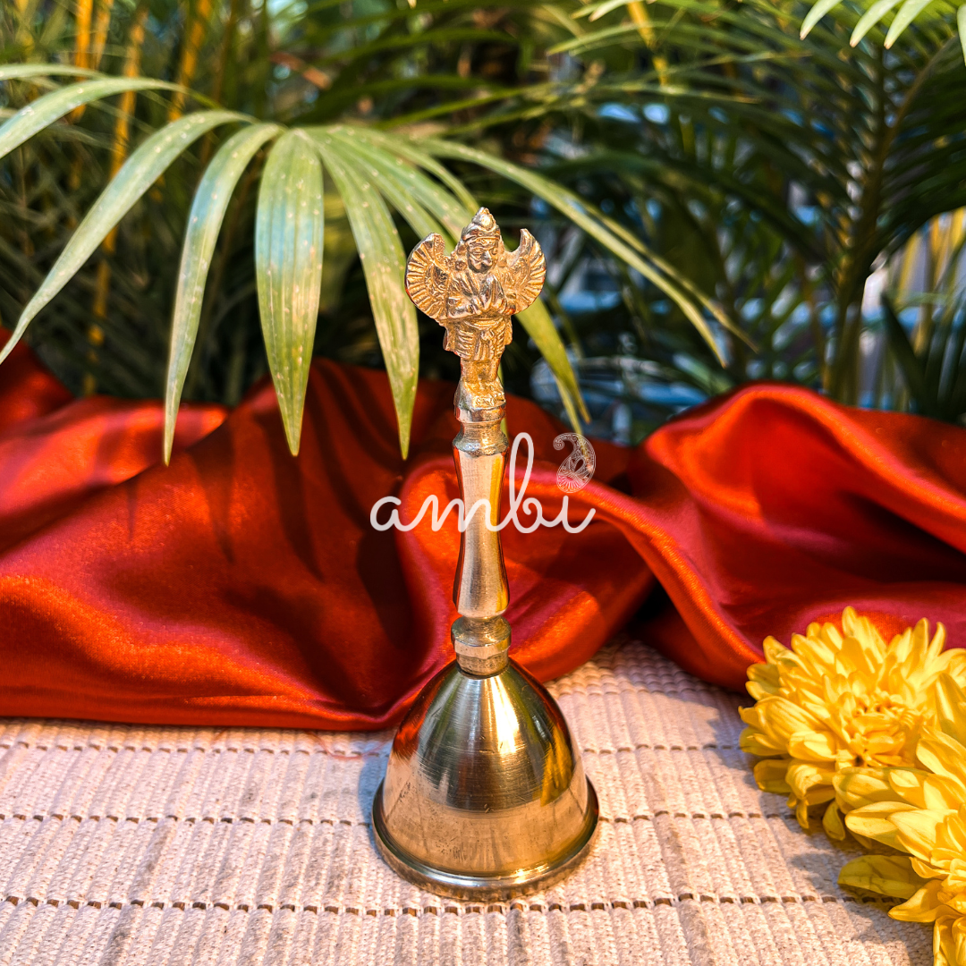 Ambi Pure Brass Garuda Symbol Hand Bell for Pooja & Aarti - 4.7 Inch Height