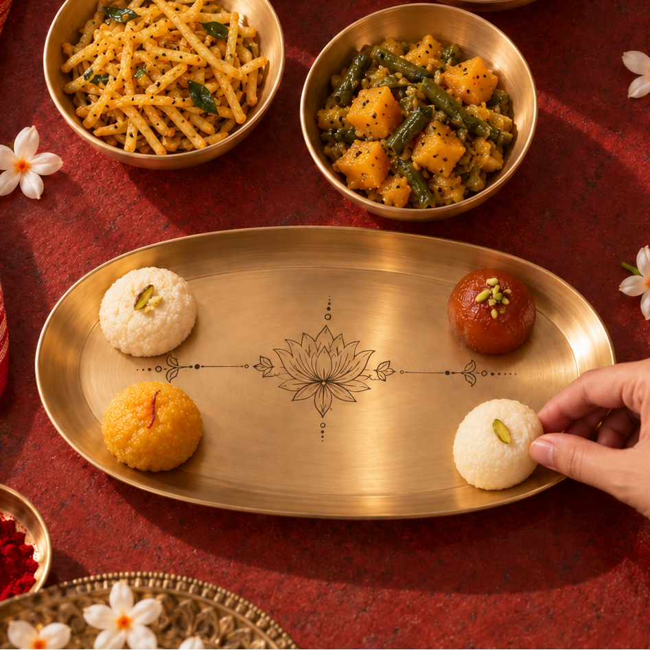 Ambi Devi Range 100% Pure Heavy Kansa Bhog & Prasadam Thali | Lotus Etched