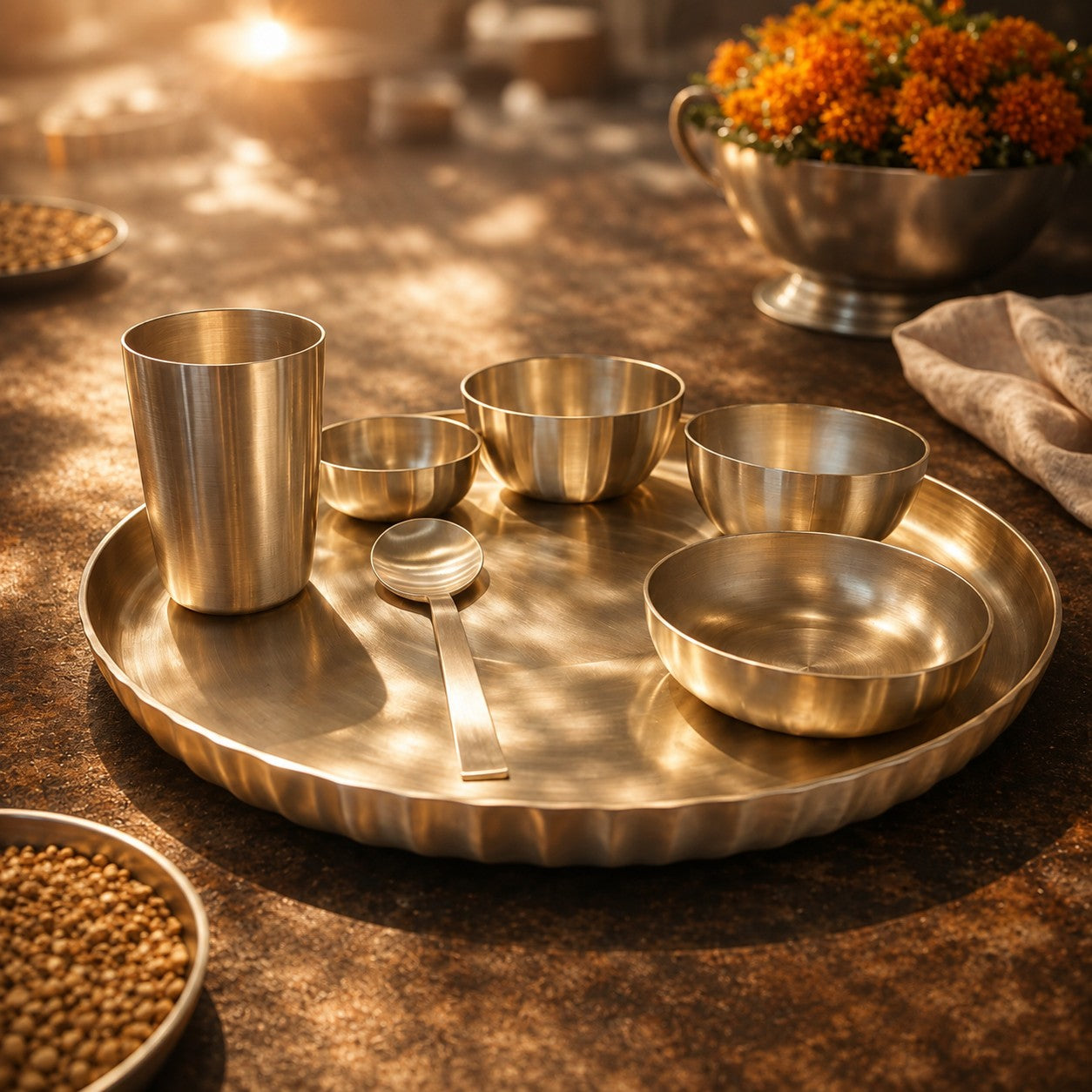 A set of metallic brass tableware, including a cup, bowls, and a spoon, arranged on a matching round serving tray with a scalloped edge, set on a rustic wooden table with warm sunlight and shadows.