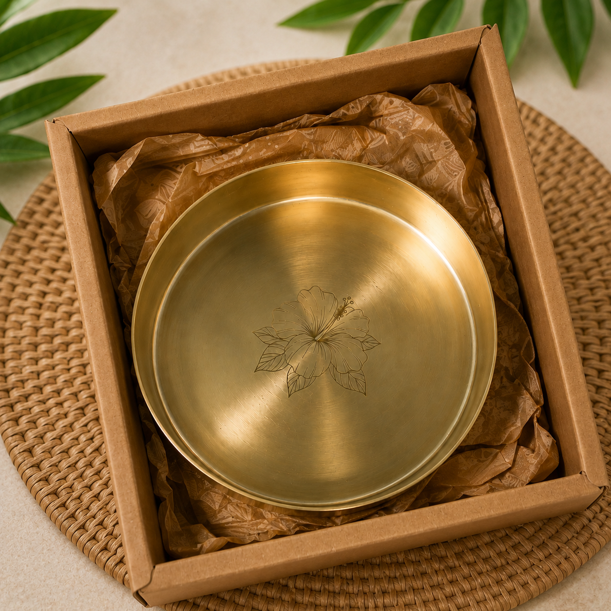 A round brushed brass plate with an engraved floral motif in the center, presented inside a brown cardboard gift box lined with crumpled brown paper on a woven mat.