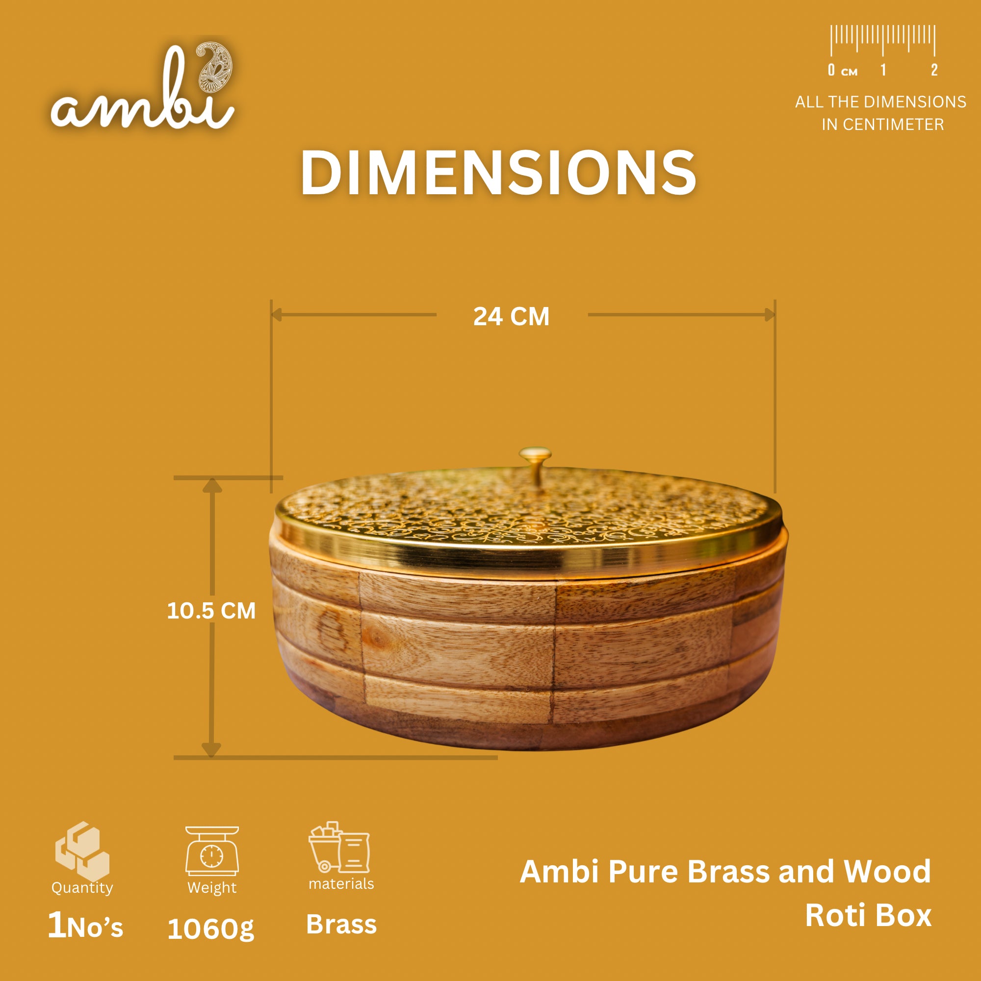 Intricately Etched Ambi Pure Brass Roti Box with Wooden Base and Tongs