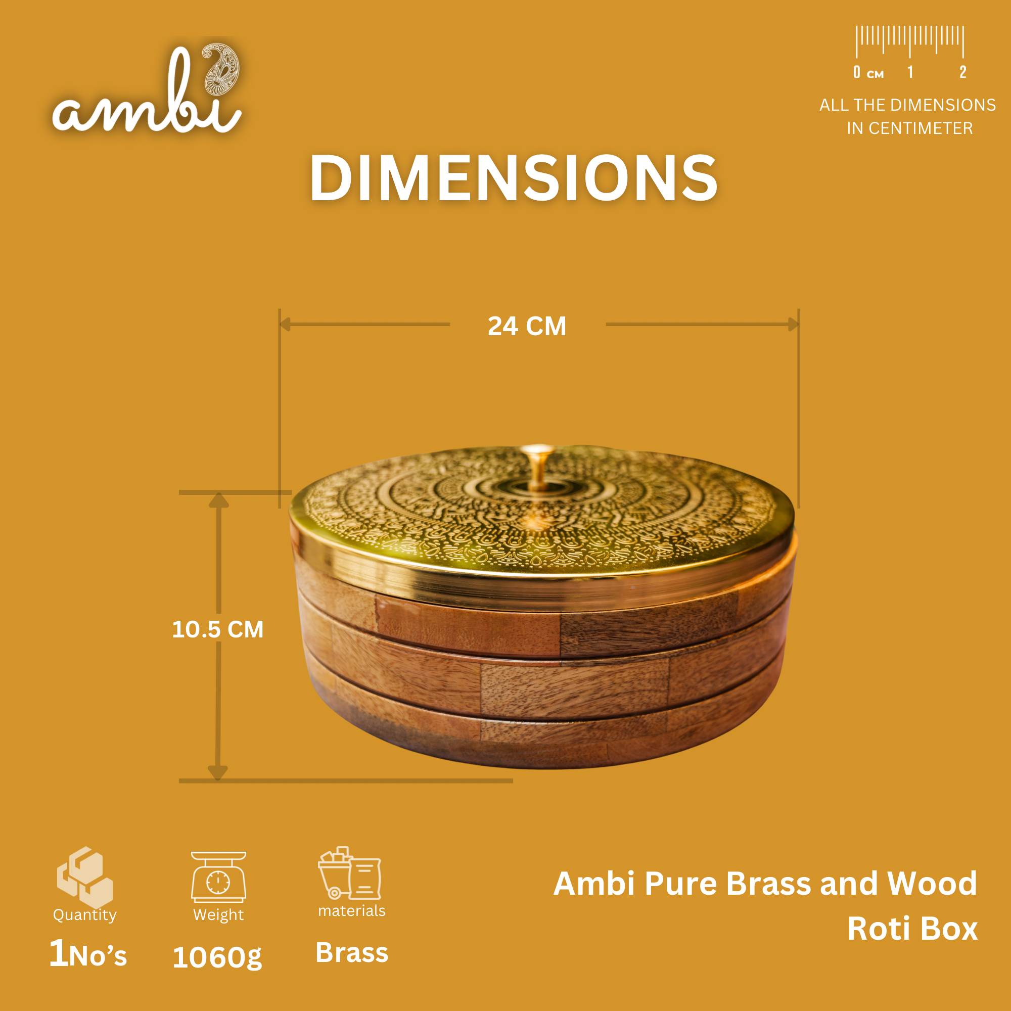 Ambi Pure Brass Mandala Roti Box with Wooden Base and Tongs