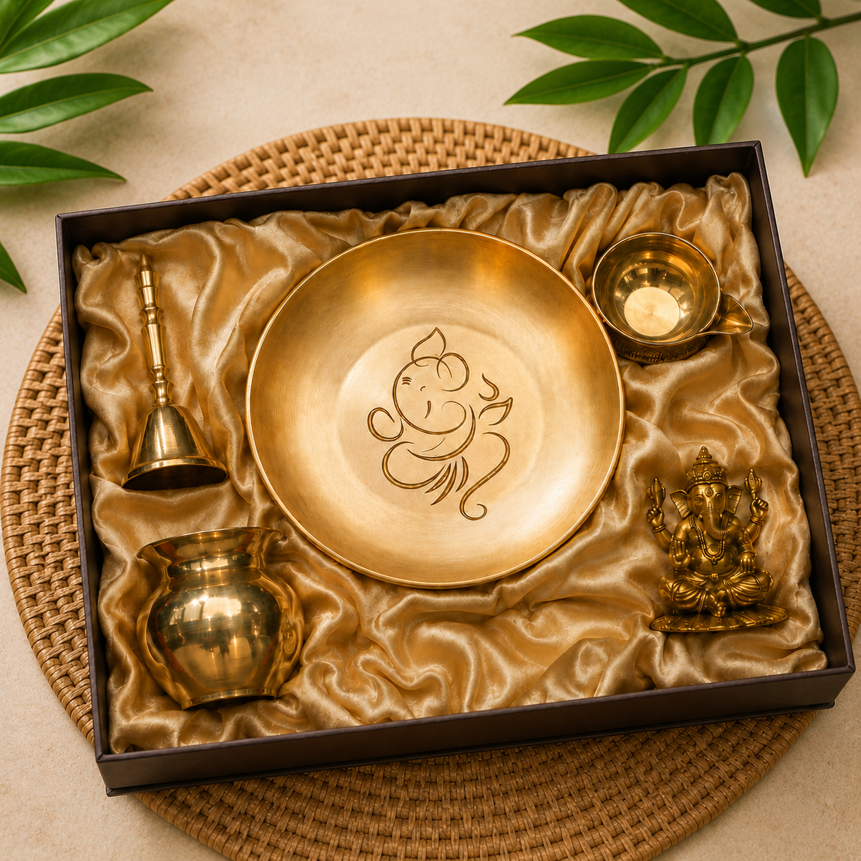 A brass Ganesha-themed gift set displayed in a black box lined with gold satin, featuring a central Ganesha plaque, a small brass pot, a bell, and a cup, arranged on a woven mat with green leaves in the background.