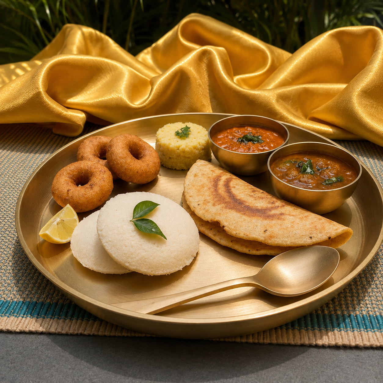 A plated Indian breakfast or snack set on a round gold-toned tray, featuring two small fried dough rings, two white rice cakes with a green leaf, a folded flatbread, a small yellow cake, two bowls of curry, and a lemon wedge, arranged on a woven mat with a gold fabric backdrop.