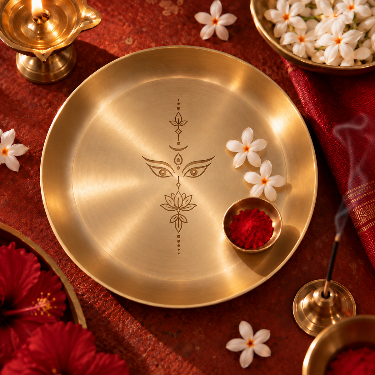 Ambi Devi Range 100% Pure Kansa Thali with Devi Drishti Etching | 8 Inch Pooja Thali