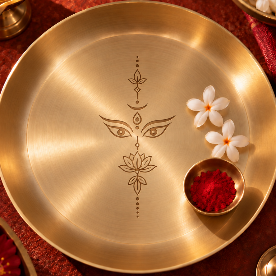 Ambi Devi Range 100% Pure Kansa Thali with Devi Drishti Etching | 8 Inch Pooja Thali