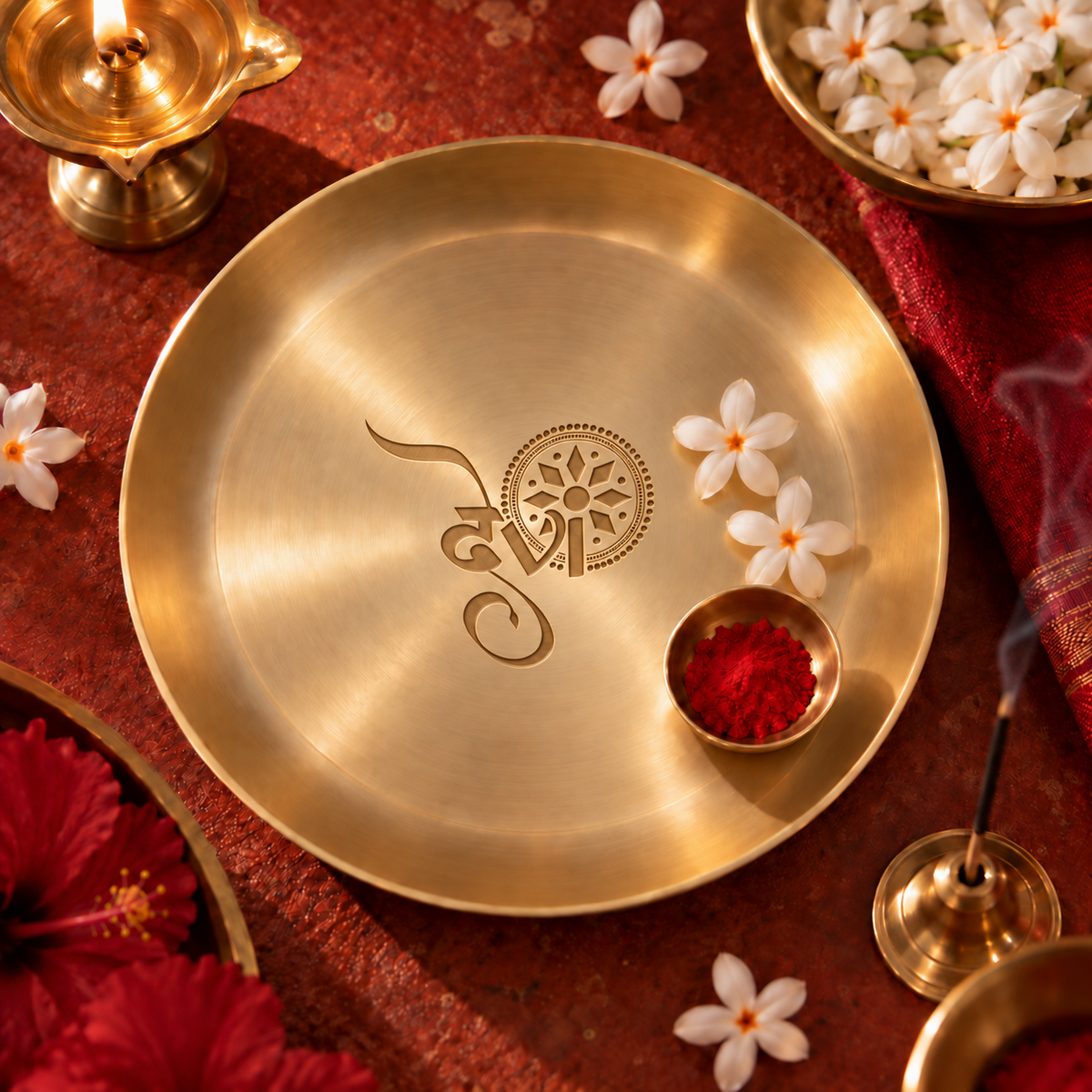 Ambi Devi Range 100% Pure Kansa Thali with Bengali Devi Etching | 8 Inch Pooja Thali