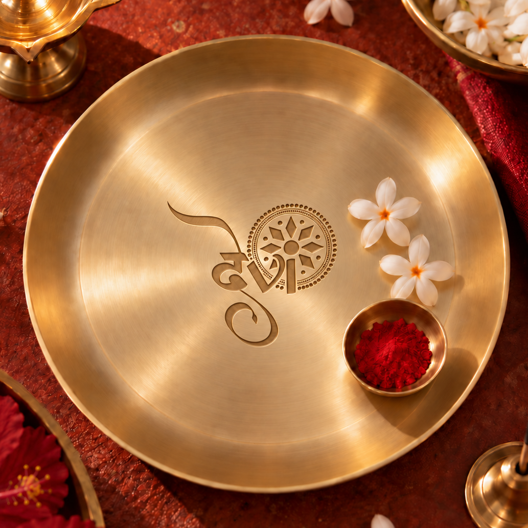 Ambi Devi Range 100% Pure Kansa Thali with Bengali Devi Etching | 8 Inch Pooja Thali