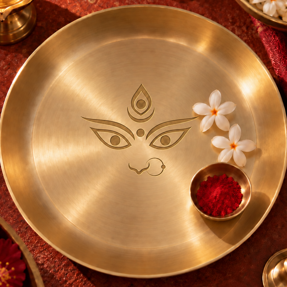 Ambi Devi Range 100% Pure Kansa Thali with Devi Eyes Etching | 8 Inch Pooja Thali