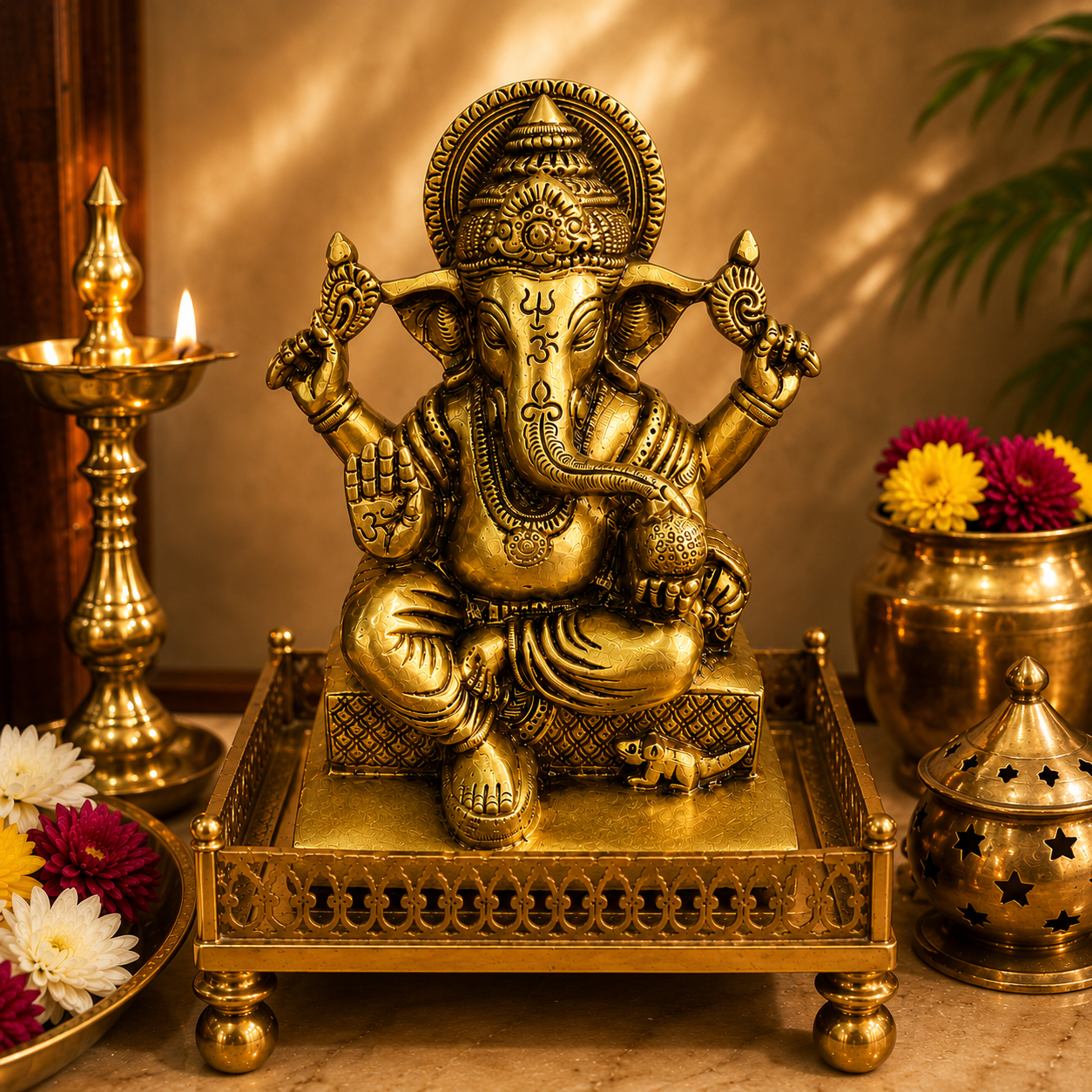 A golden brass Lord Ganesha idol seated on an ornate matching base, styled on a tabletop with a lit oil lamp, flowers, and decorative containers in a warm indoor setting.