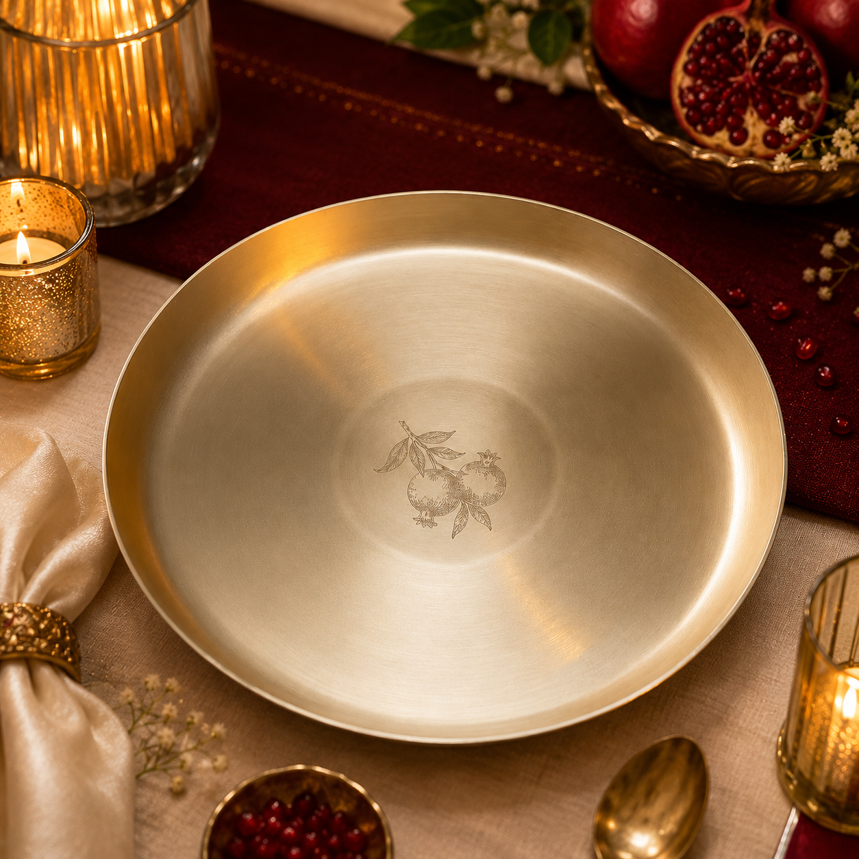A round brushed gold-toned serving platter with a delicate engraved fruit motif in the center, styled on a festive table setting with candles, napkins, and pomegranate garnishes.