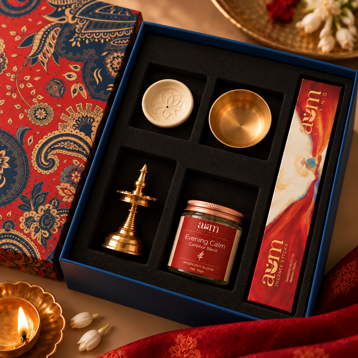 Ambi Premium Pooja Gift Box with Brass Diya, Kansa Katori, Incense Holder, Camphor Blend and Incense Sticks | Set of 5