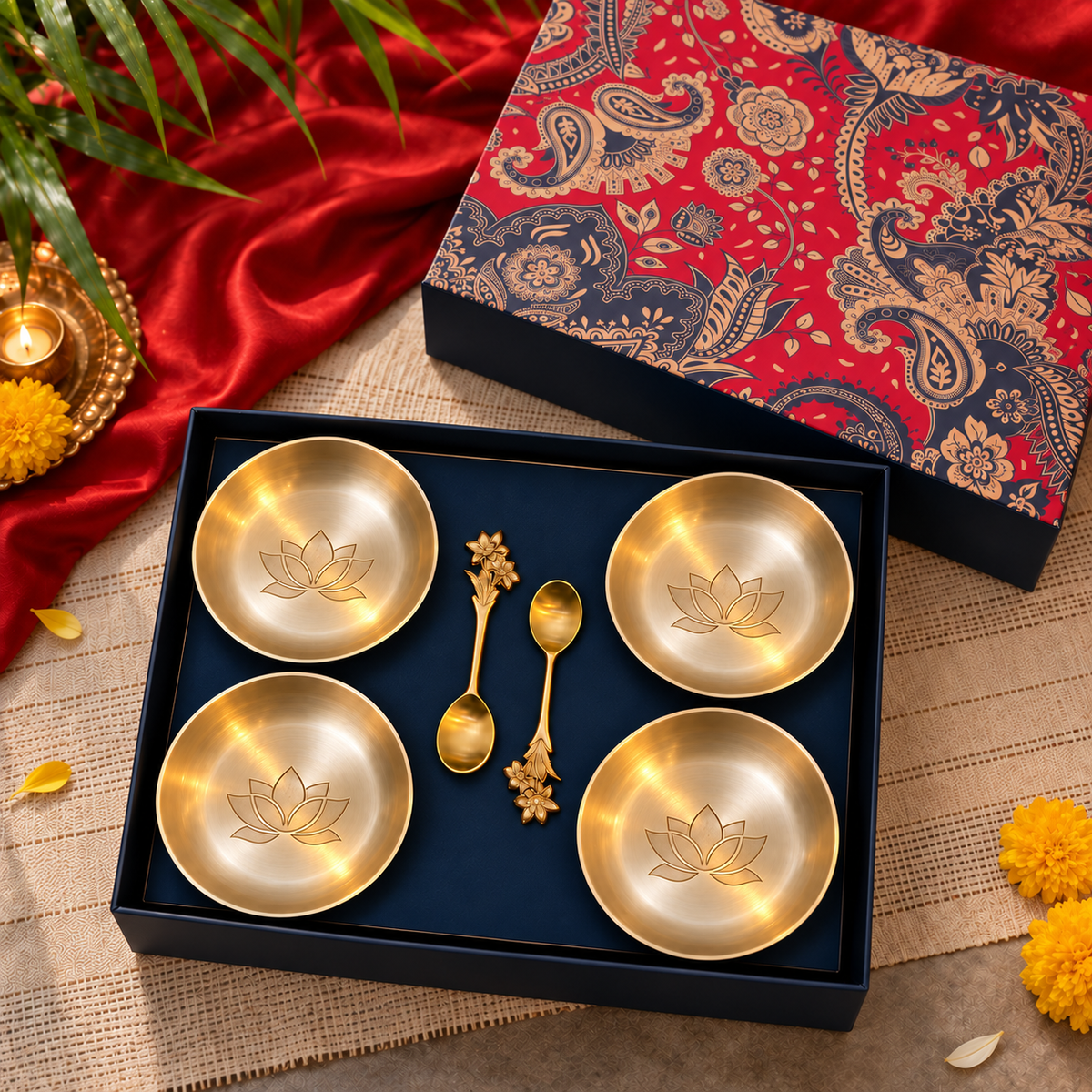 Ambi Kansa Dessert Plate with Lotus Design and Spoon Gift Box - Set of 4