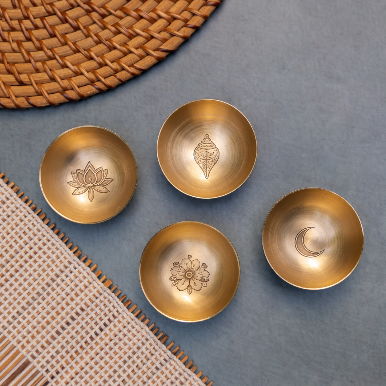 Ambi Devi Range 100% Pure Kansa Katori Set with Sacred Etching 4 inch each set of 4  | Lotus, Shankha, Shiuli and Chand | Set of 4