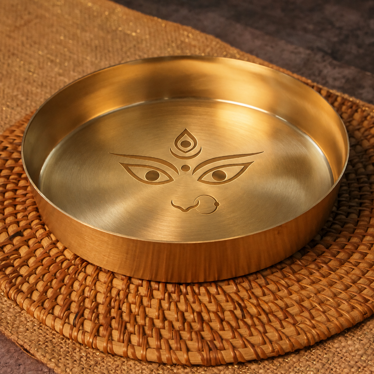 Ambi Devi Range 100% Pure Kansa Thali with High Edge and Devi Eyes Etching — 8 Inch Pooja Thali